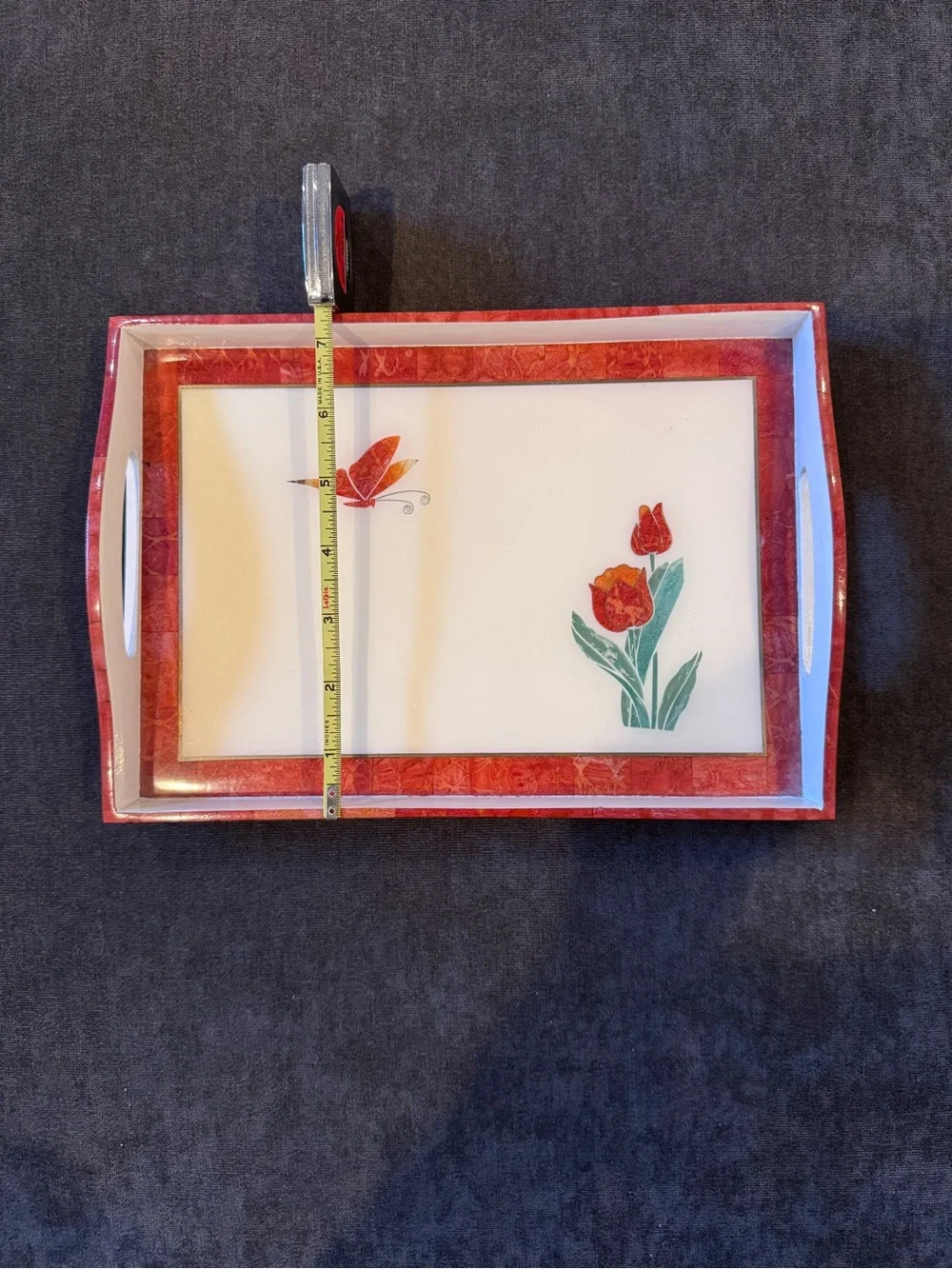 Red Floral Decorative Serving Tray Crafted From the Philippines